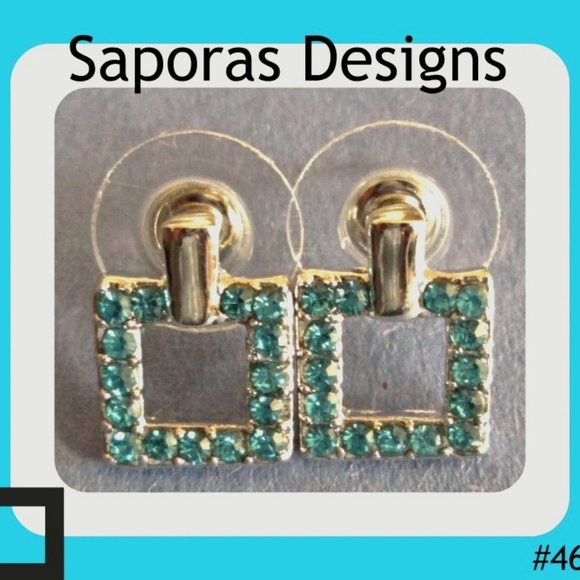 18KRP Square Design Stud Earrings With Blue Crystals - Picture 1 of 1